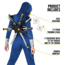 Costume Ninja Blu E Argento Per Bambini Con Zaino -Vendite Morphsuits mckbsdnb blue silver ninja backpack new2