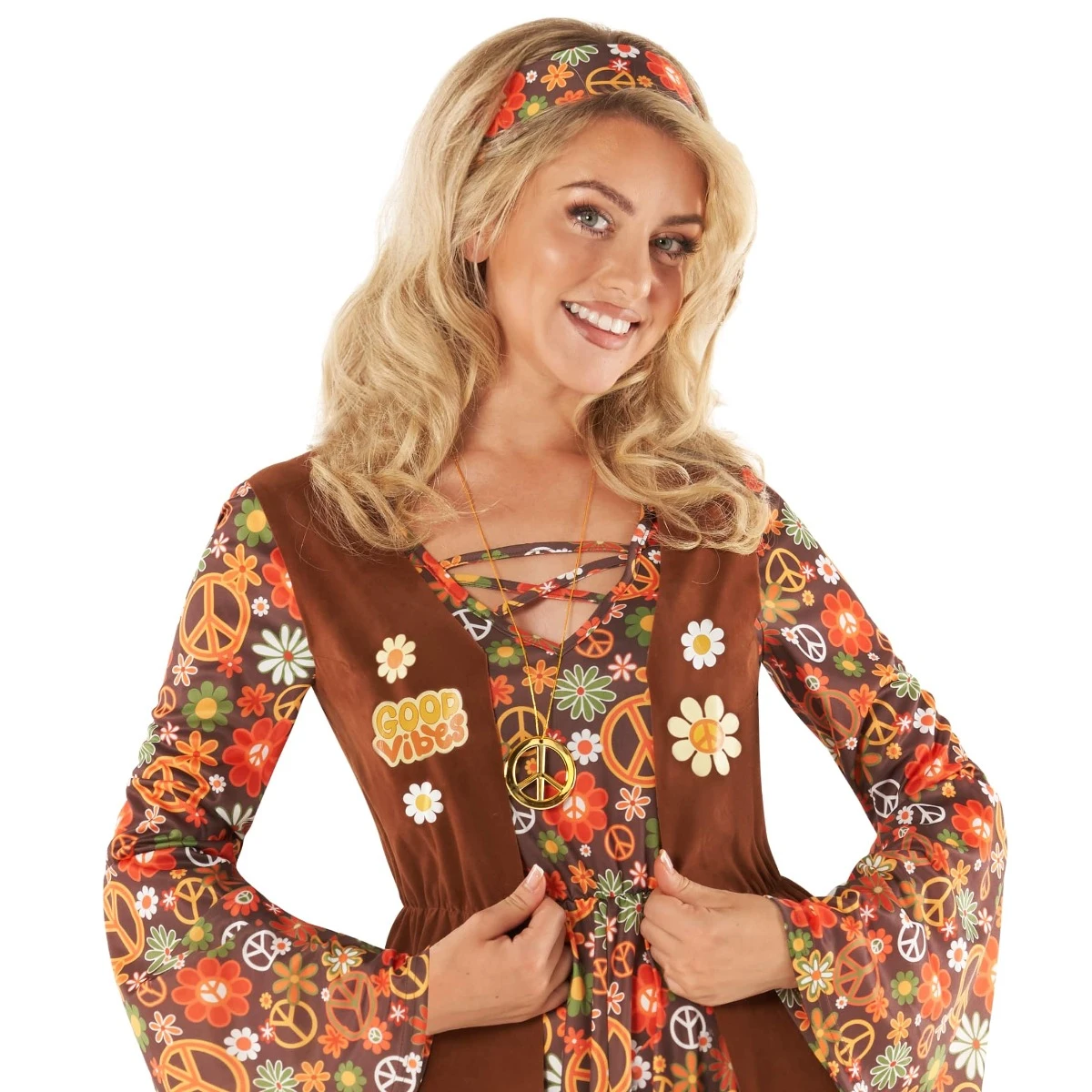 Abito Lungo Hippie Anni '60 Costume Marrone Per Donna 7 Abito Lungo Hippie Anni '60 Costume Marrone Per Donna - immagine 5