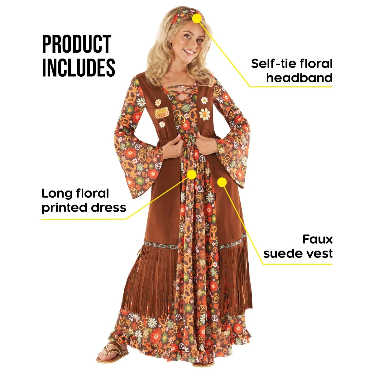 Abito Lungo Hippie Anni '60 Costume Marrone Per Donna 4 Abito Lungo Hippie Anni '60 Costume Marrone Per Donna - immagine 2