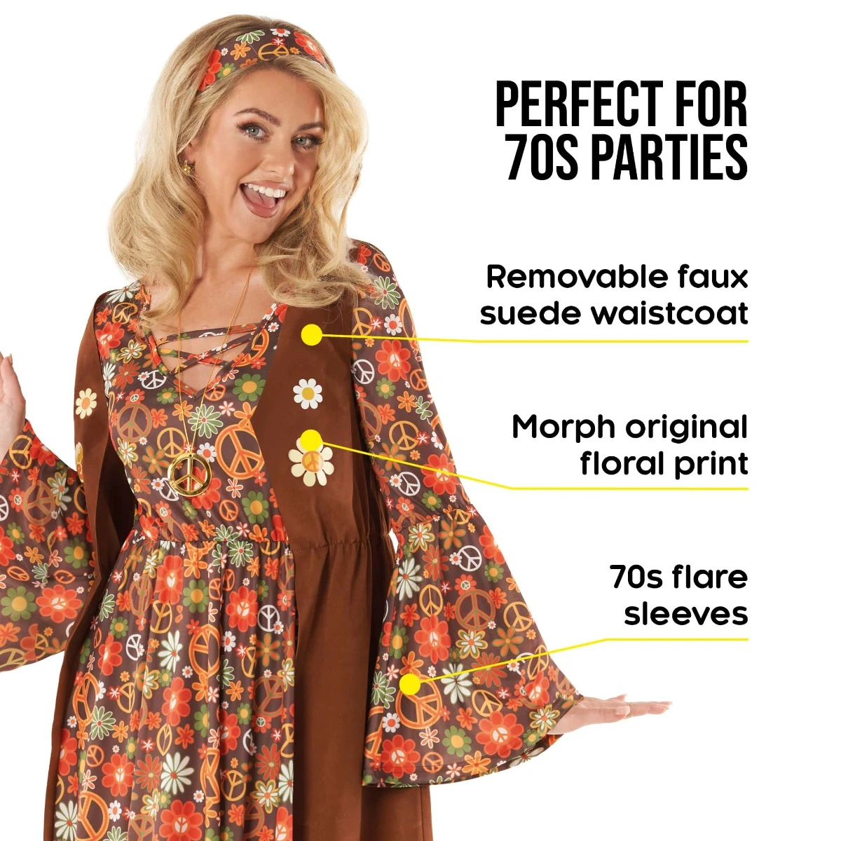 Abito Lungo Hippie Anni '60 Costume Marrone Per Donna 5 Abito Lungo Hippie Anni '60 Costume Marrone Per Donna - immagine 3