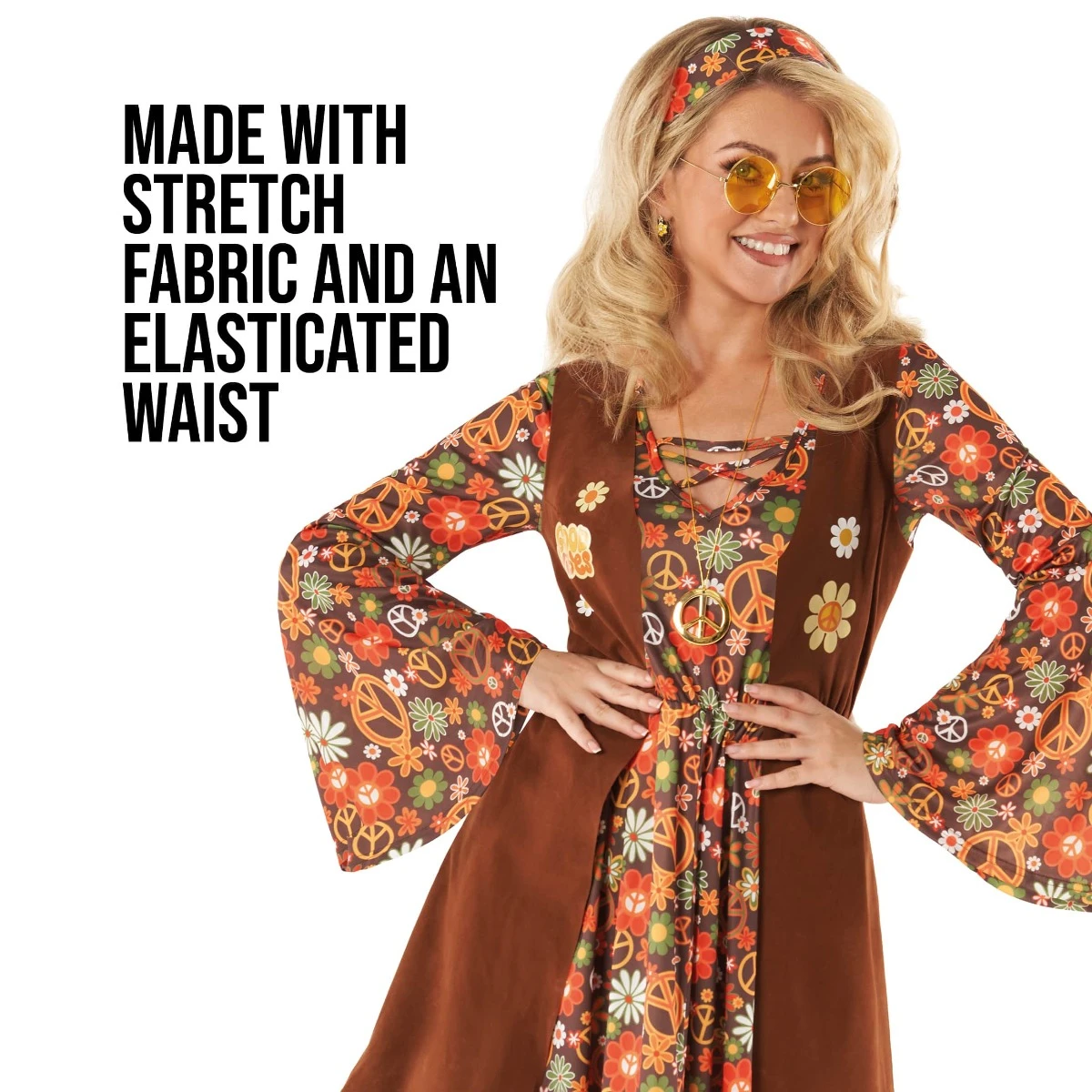 Abito Lungo Hippie Anni '60 Costume Marrone Per Donna 6 Abito Lungo Hippie Anni '60 Costume Marrone Per Donna - immagine 4