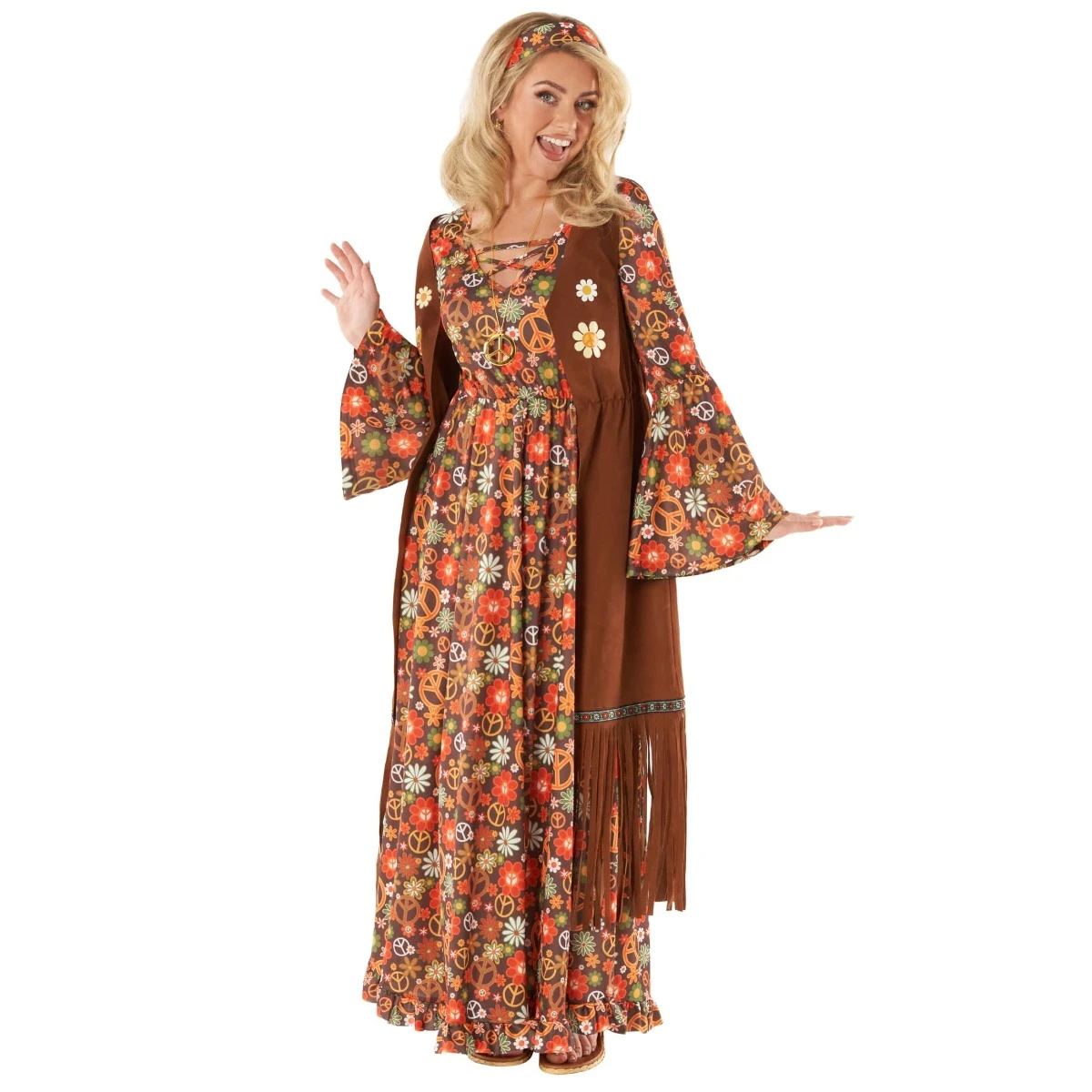 Abito Lungo Hippie Anni '60 Costume Marrone Per Donna 9 Abito Lungo Hippie Anni '60 Costume Marrone Per Donna - immagine 7