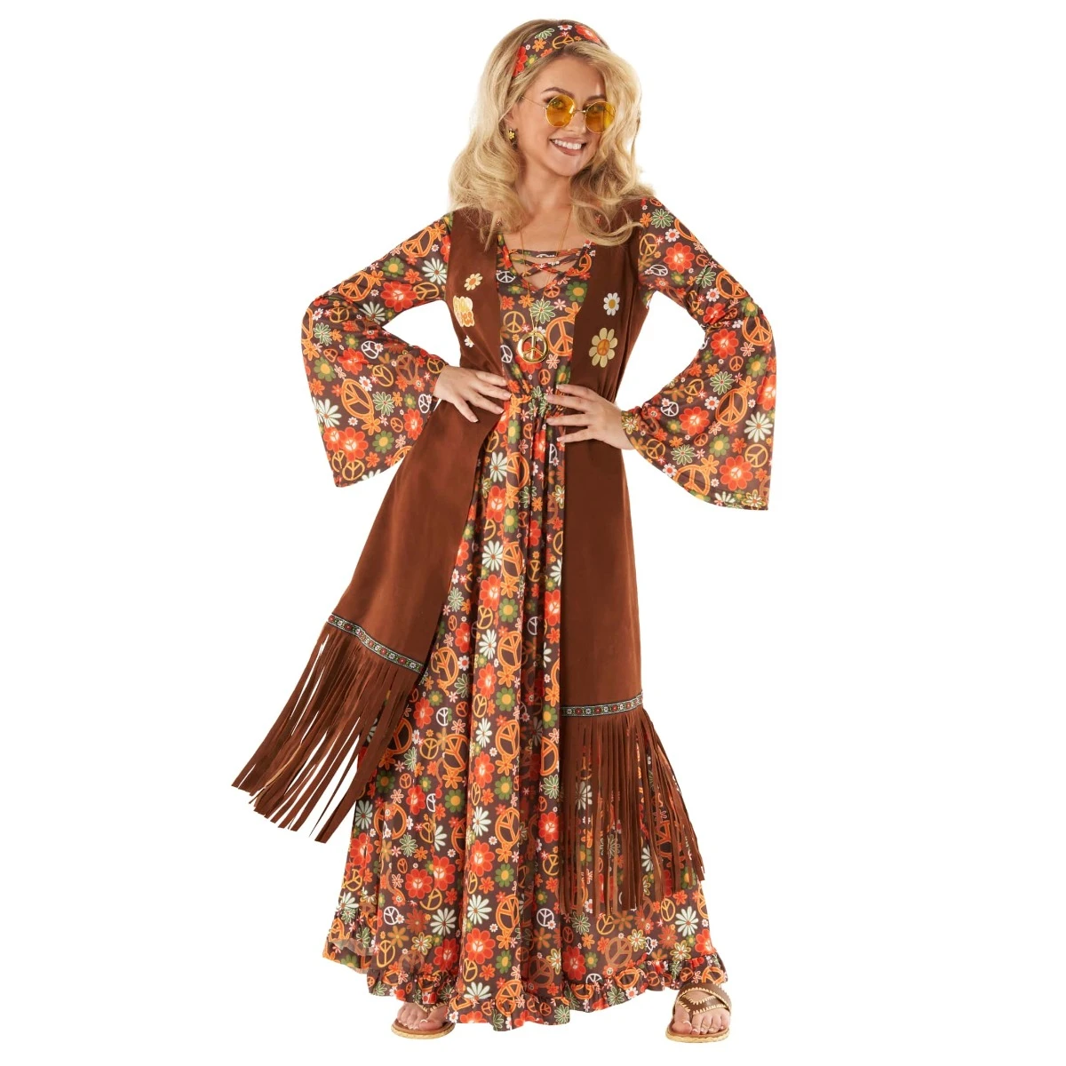 Abito Lungo Hippie Anni '60 Costume Marrone Per Donna 10 Abito Lungo Hippie Anni '60 Costume Marrone Per Donna - immagine 8