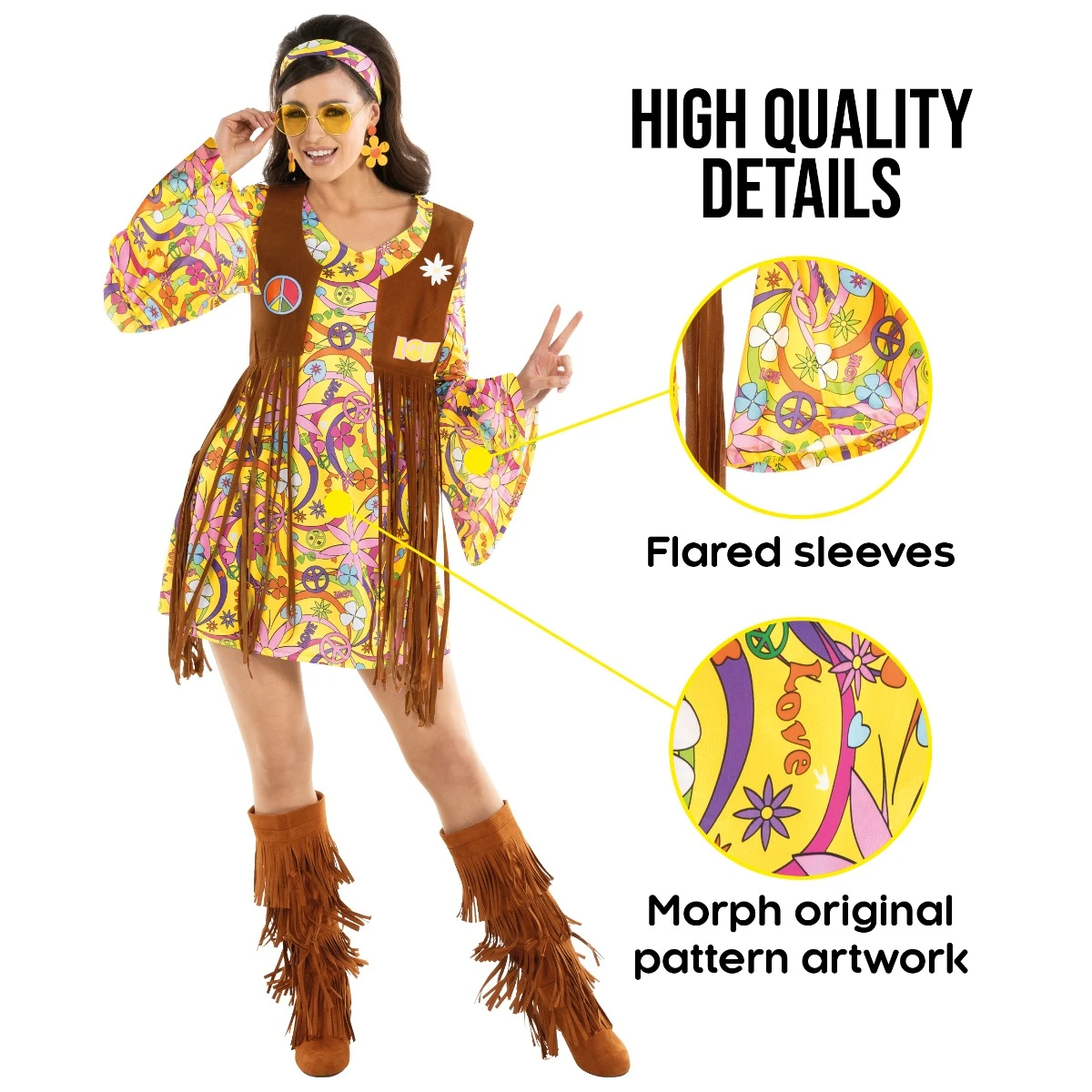 Womens Yellow Hippie Costume Dress 5 Womens Yellow Hippie Costume Dress - immagine 3