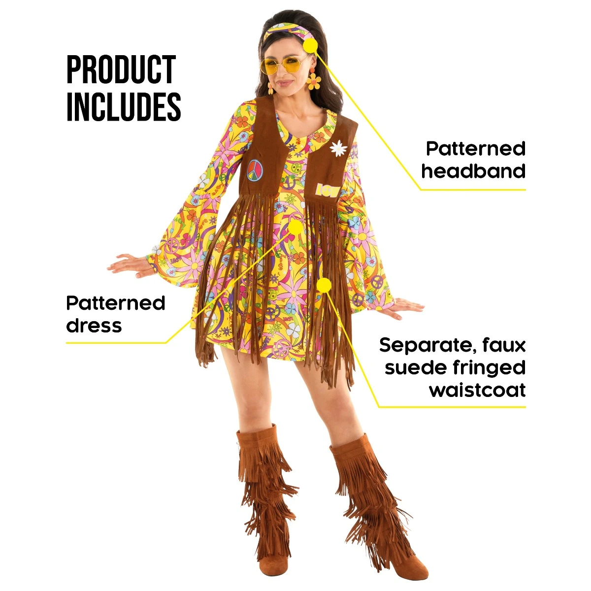 Womens Yellow Hippie Costume Dress 4 Womens Yellow Hippie Costume Dress - immagine 2